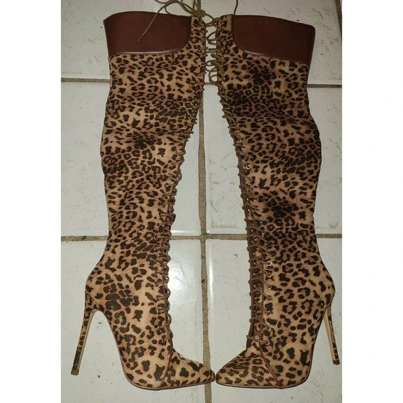 LILIANA Womens Leopard Pointed Toe Thigh High Boots Clubwear Heels Stilettos - Picture 1 of 9